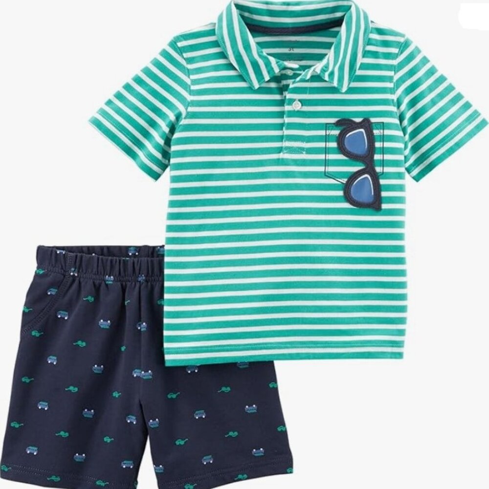 Boys Sunglass Pocket Polo Short Set Outfit 2 pc Set Shirt Collar Shirt 3M